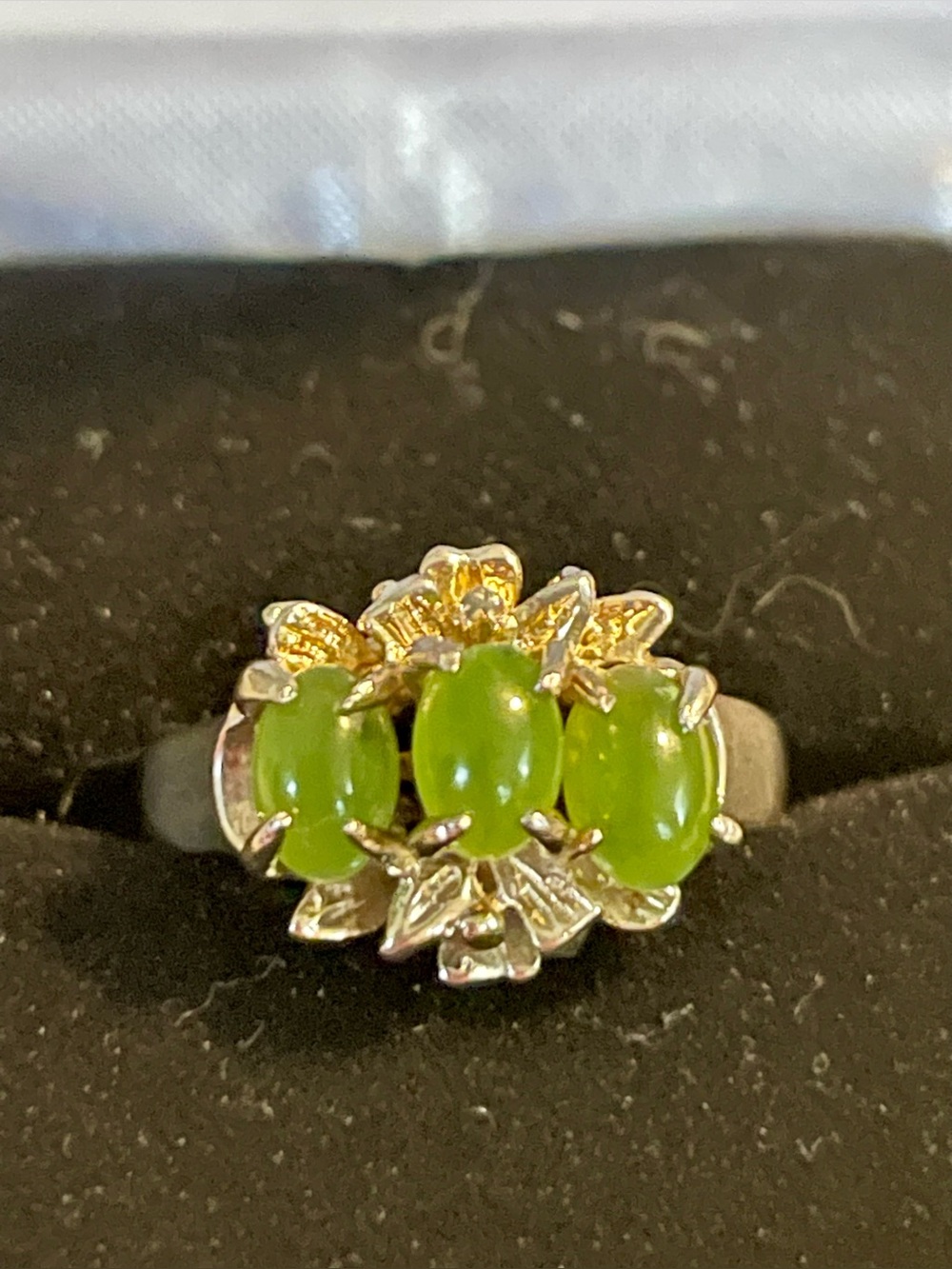 Vintage Gold Vermeil Sterling Silver Translucent Green Jadeite 3-Stone Ring